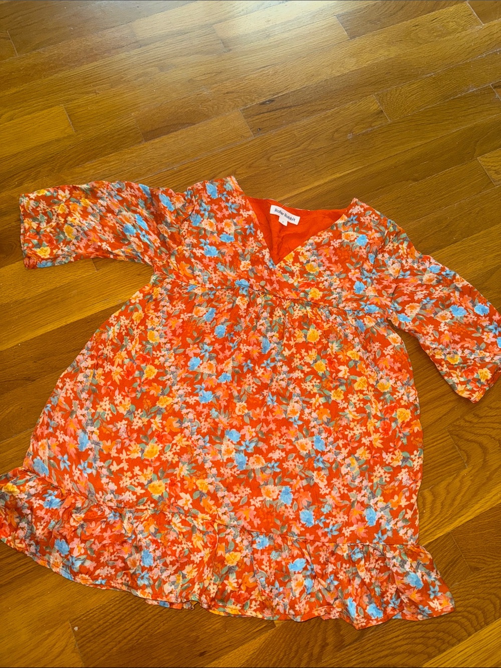Roller Rabbit Orange Floral V‑Neck Ruffle Dress - Picture 1 of 6